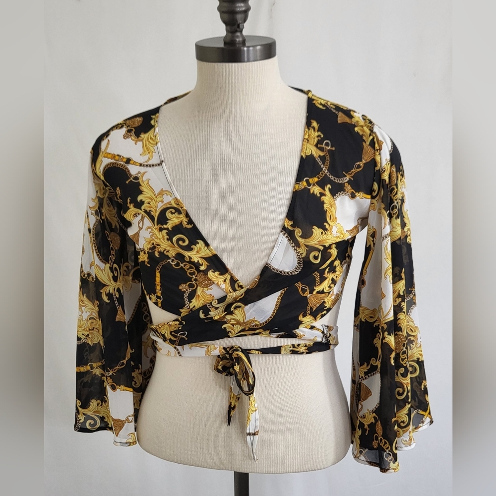Hers & Mine Long Sleeve Wrap Crop Top Size Small Multicolor Print